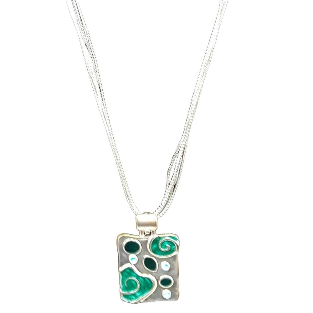 Silver and Green Enamel Rectangle Pendant Necklace Rhinestone Metal Jewelry